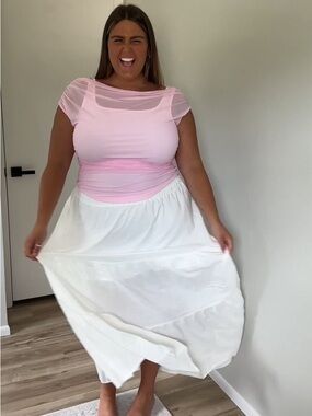 Pink Mesh Ruched Off Shoulder Top | 2X Balletcore Aesthetic